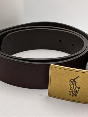 Polo Ralph Lauren Brown Leather Belt Brass Trophy Buckle Size 36/90